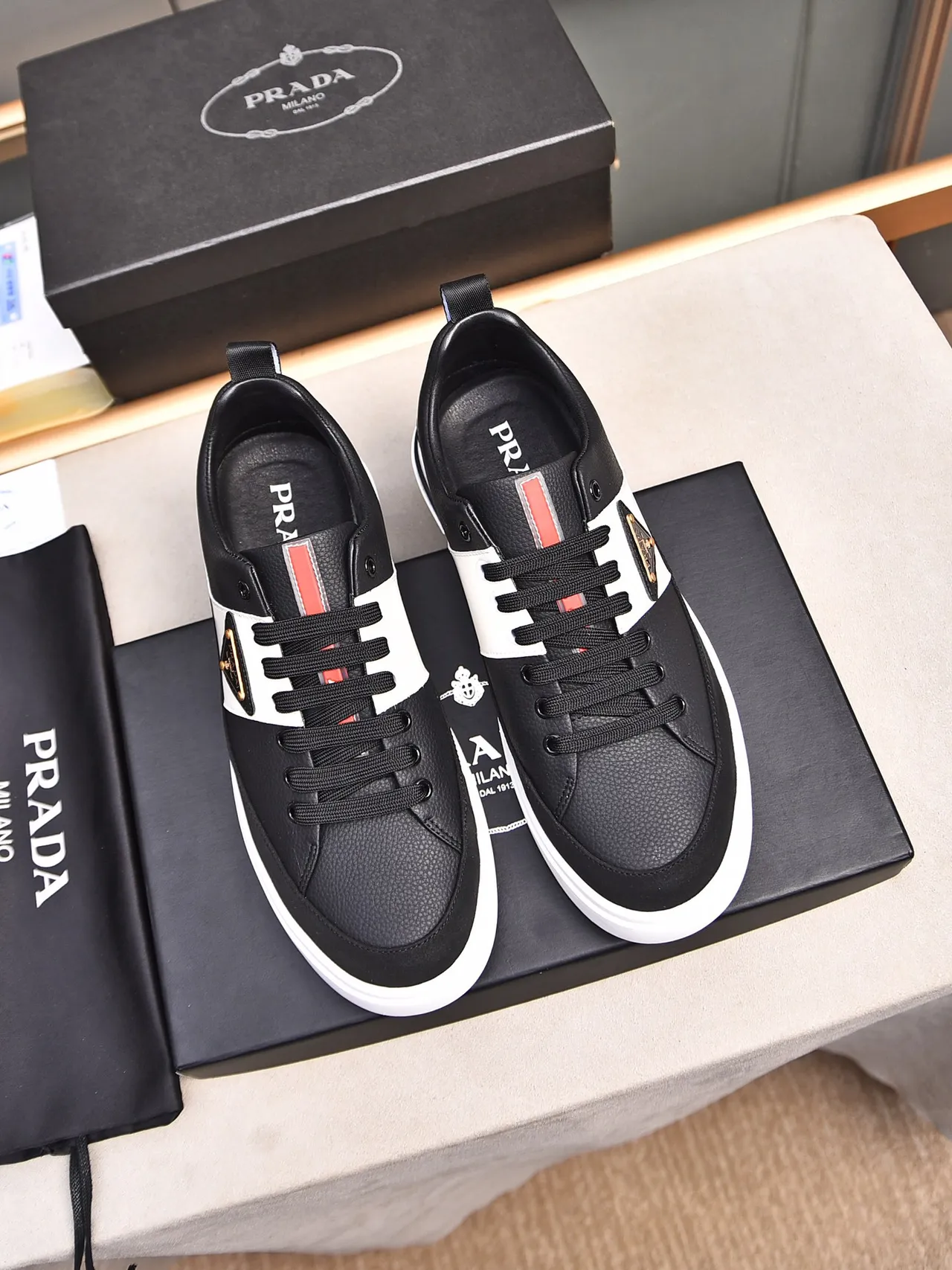 Prada Black White Color-Blocked Leather Triangular Logo Plaque Lifestyle Sneakers 2