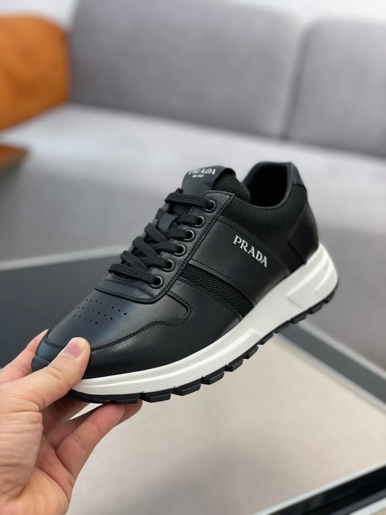 Prada Black White Leather And Mesh Upper Platform Sole Lifestyle Sneakers 4