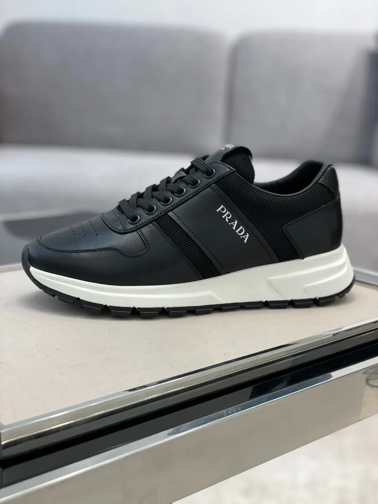 Prada Black White Leather And Mesh Upper Platform Sole Lifestyle Sneakers 5