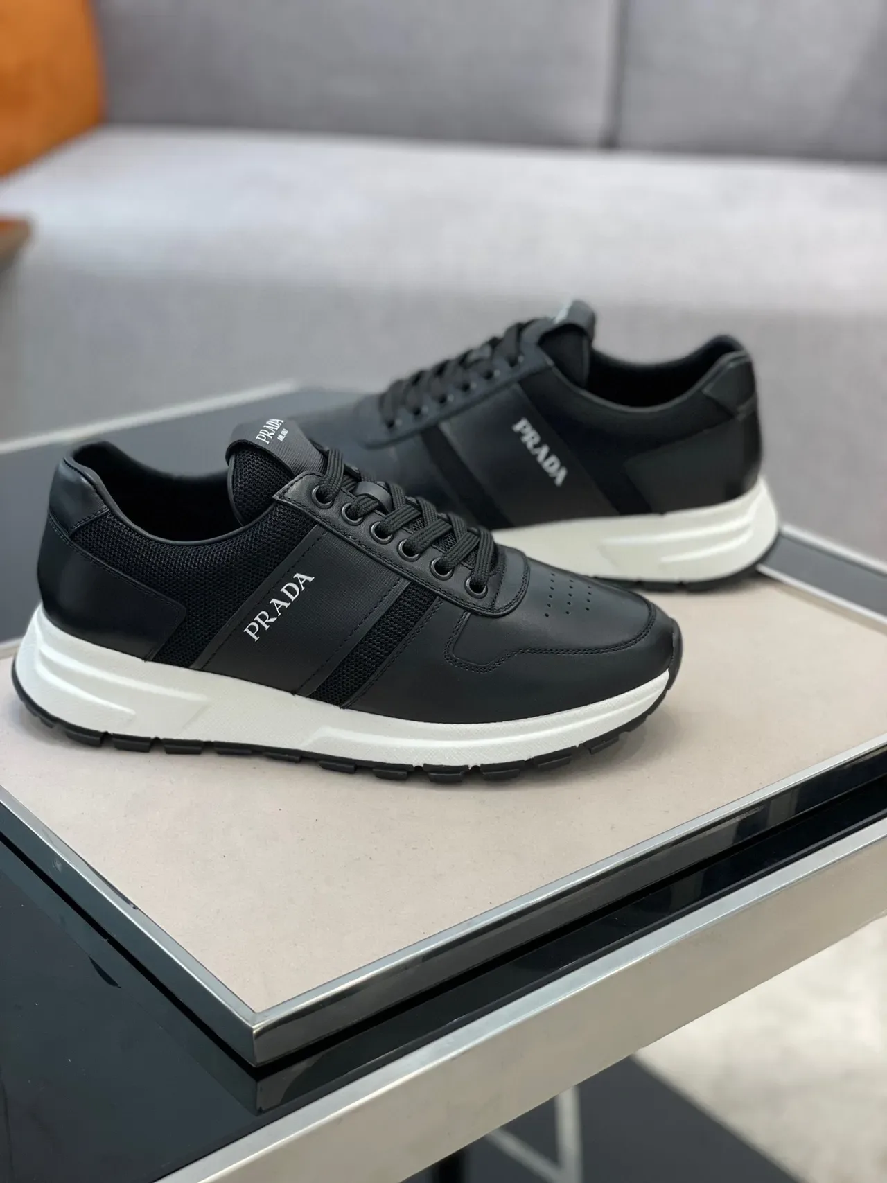 Prada Black White Leather And Mesh Upper Platform Sole Lifestyle Sneakers 6