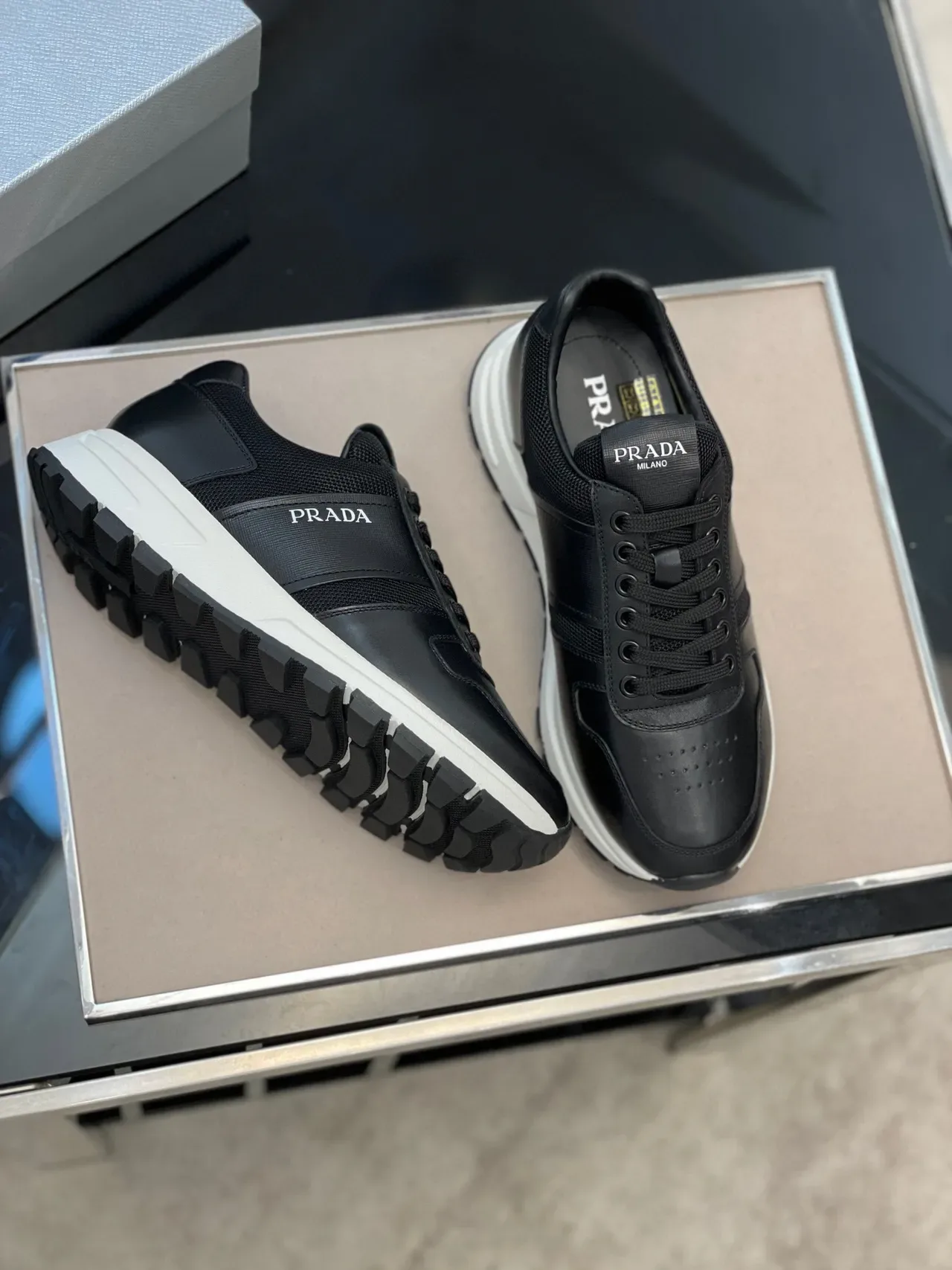 Prada Black White Leather And Mesh Upper Platform Sole Lifestyle Sneakers 7