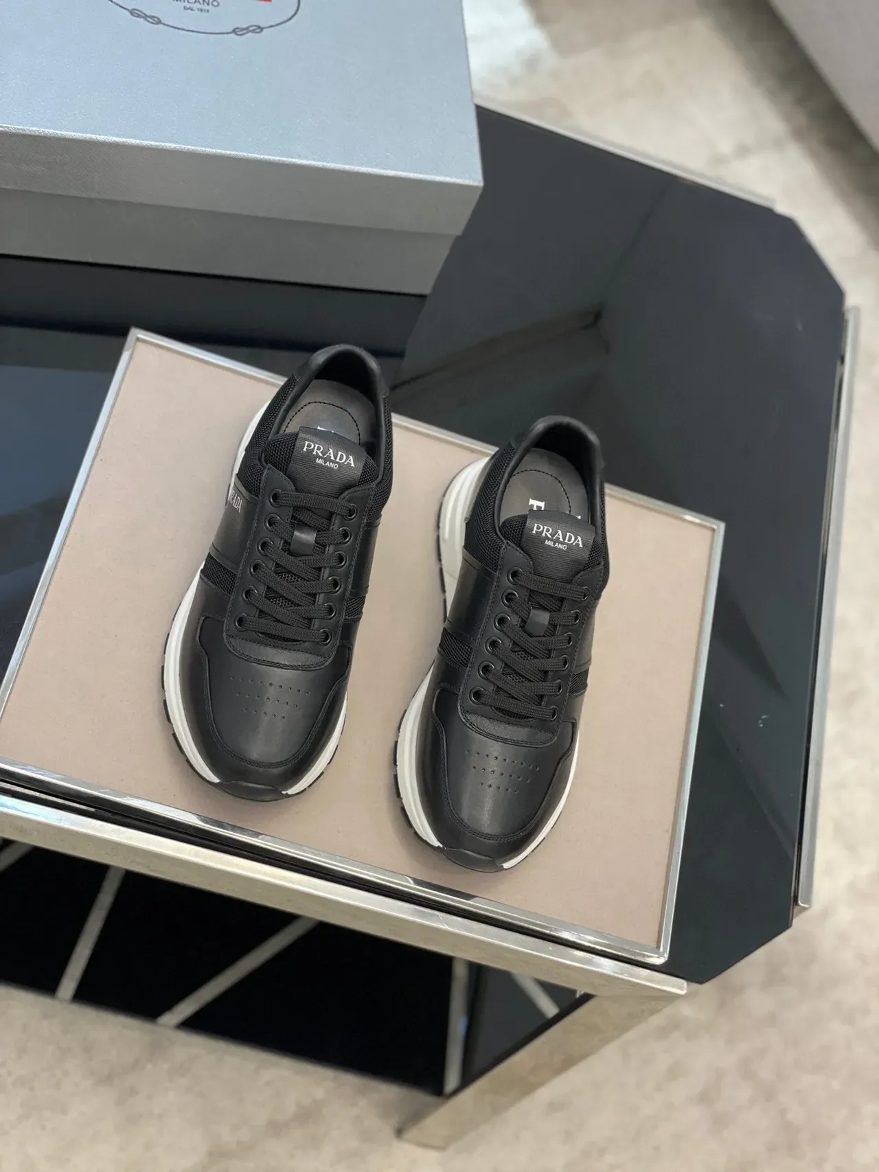 Prada Black White Leather And Mesh Upper Platform Sole Lifestyle Sneakers 8