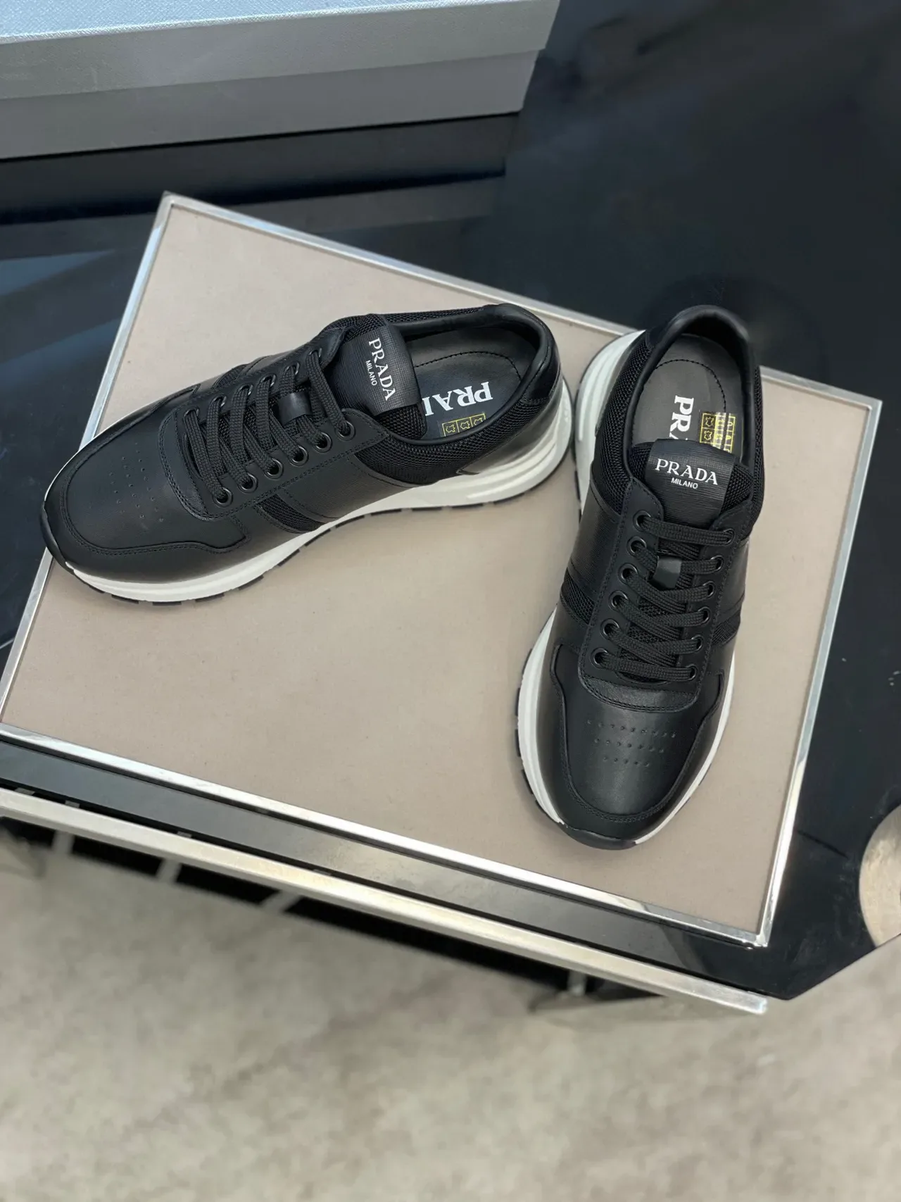Prada Black White Leather And Mesh Upper Platform Sole Lifestyle Sneakers 9