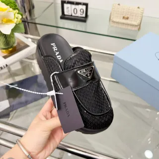 Prada Black Woven-Texture Upper Glossy Patent Strap Casual Shoes