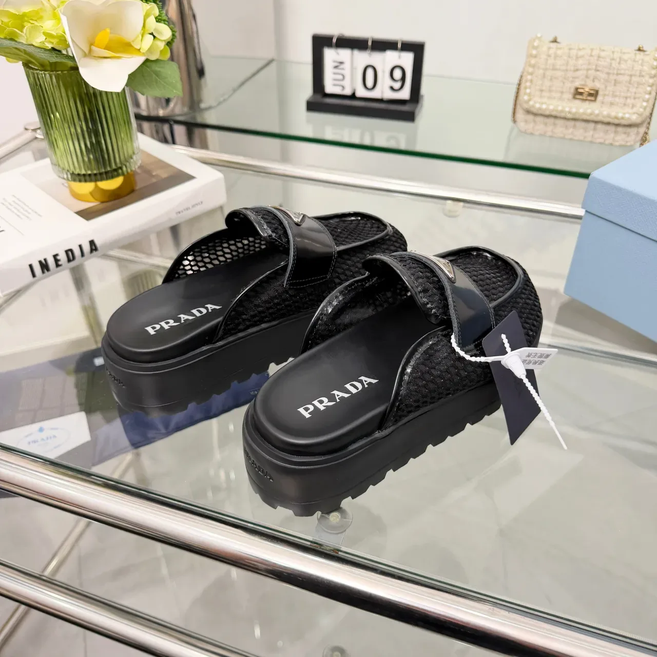 Chaussures Prada Noir Texturé Tissé Supérieur Cuir Patenté Brillant Sangle 4