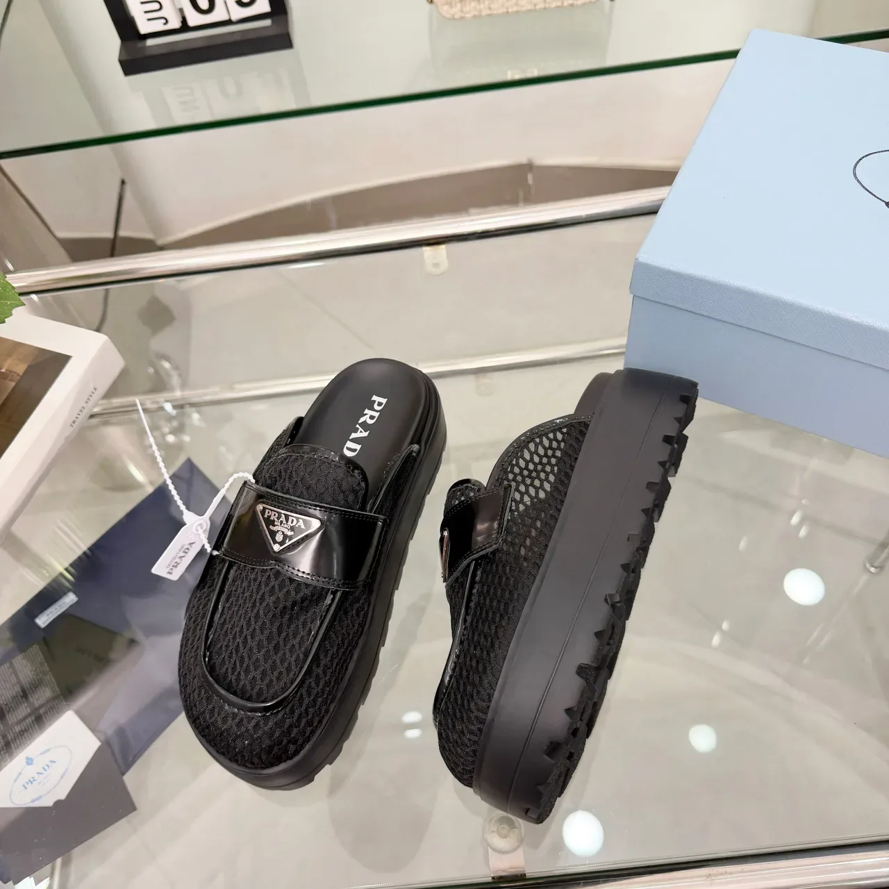 Chaussures Prada Noir Texturé Tissé Supérieur Cuir Patenté Brillant Sangle 6