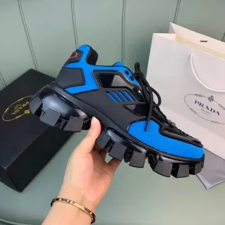 Prada Blue Black Lug Sole Mesh And Synthetic Overlay Construction Chunky Sneakers