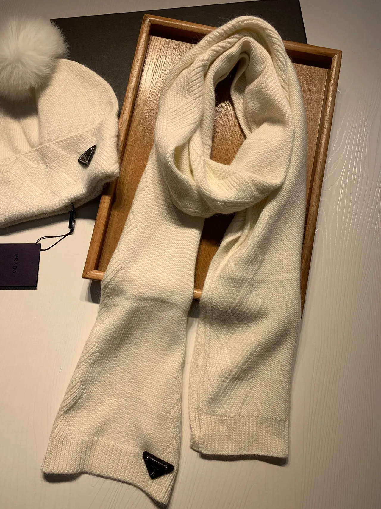 Prada Cable-Knit Ivory Cashmere Scarf 8