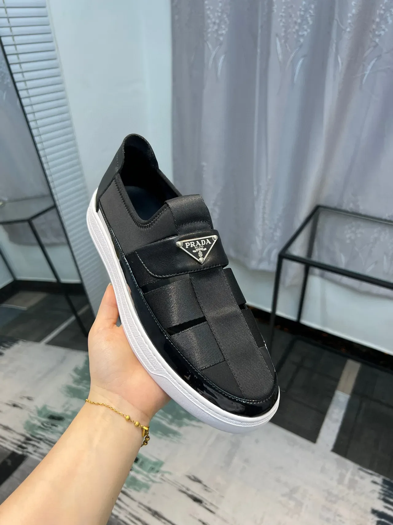 Prada Cloudbust Black White Slip-On Elastic Strap Loafer 6