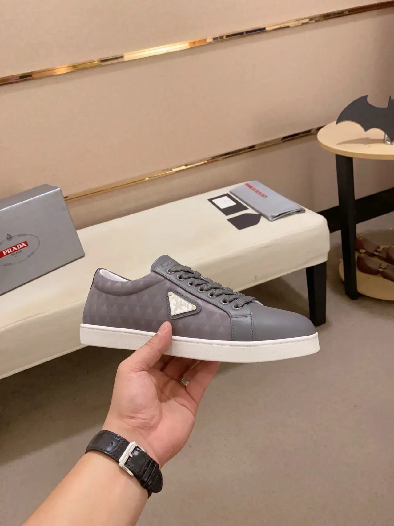 Prada Cloudbust Gray White Low-Top Quilted Triangular Pattern Lifestyle Sneakers 3