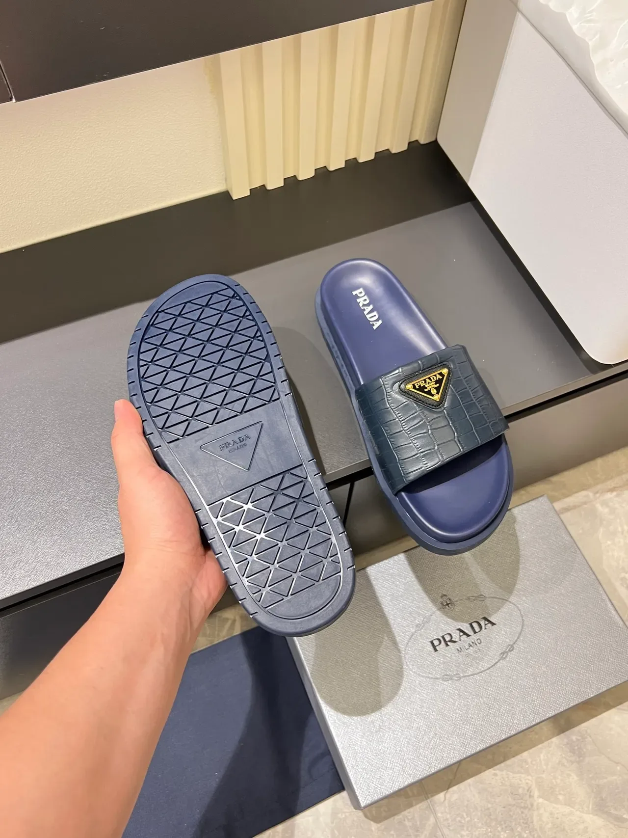 Prada Cloudbust Slide Croc-Embossed Strap Platform Slippers 4