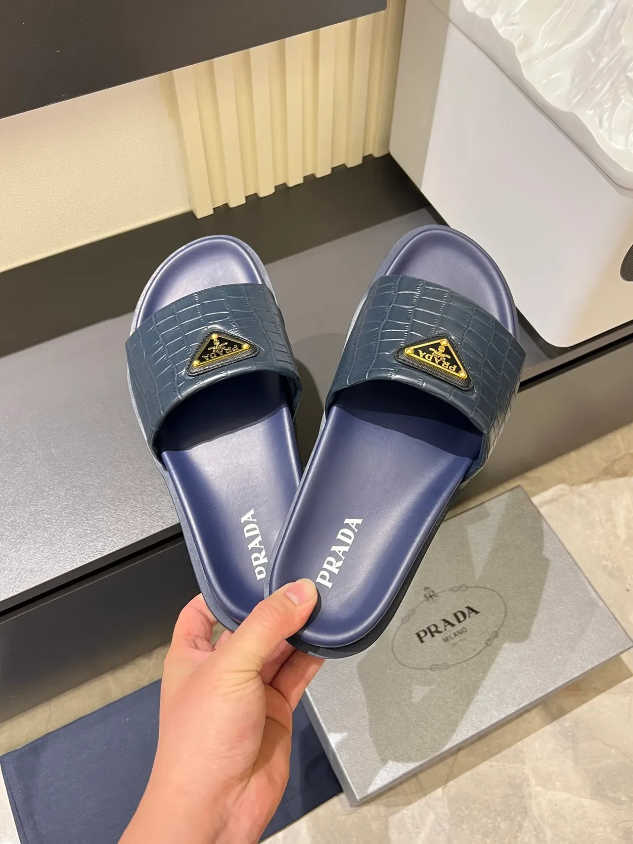 Prada Cloudbust Slide Croc-Embossed Strap Platform Slippers 8
