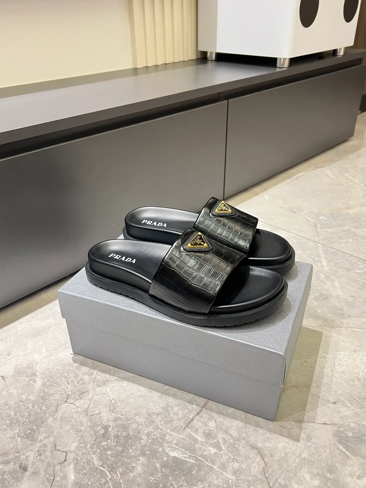 Prada Cloudbust Slide Croc-Embossed Strap Platform Slippers 11