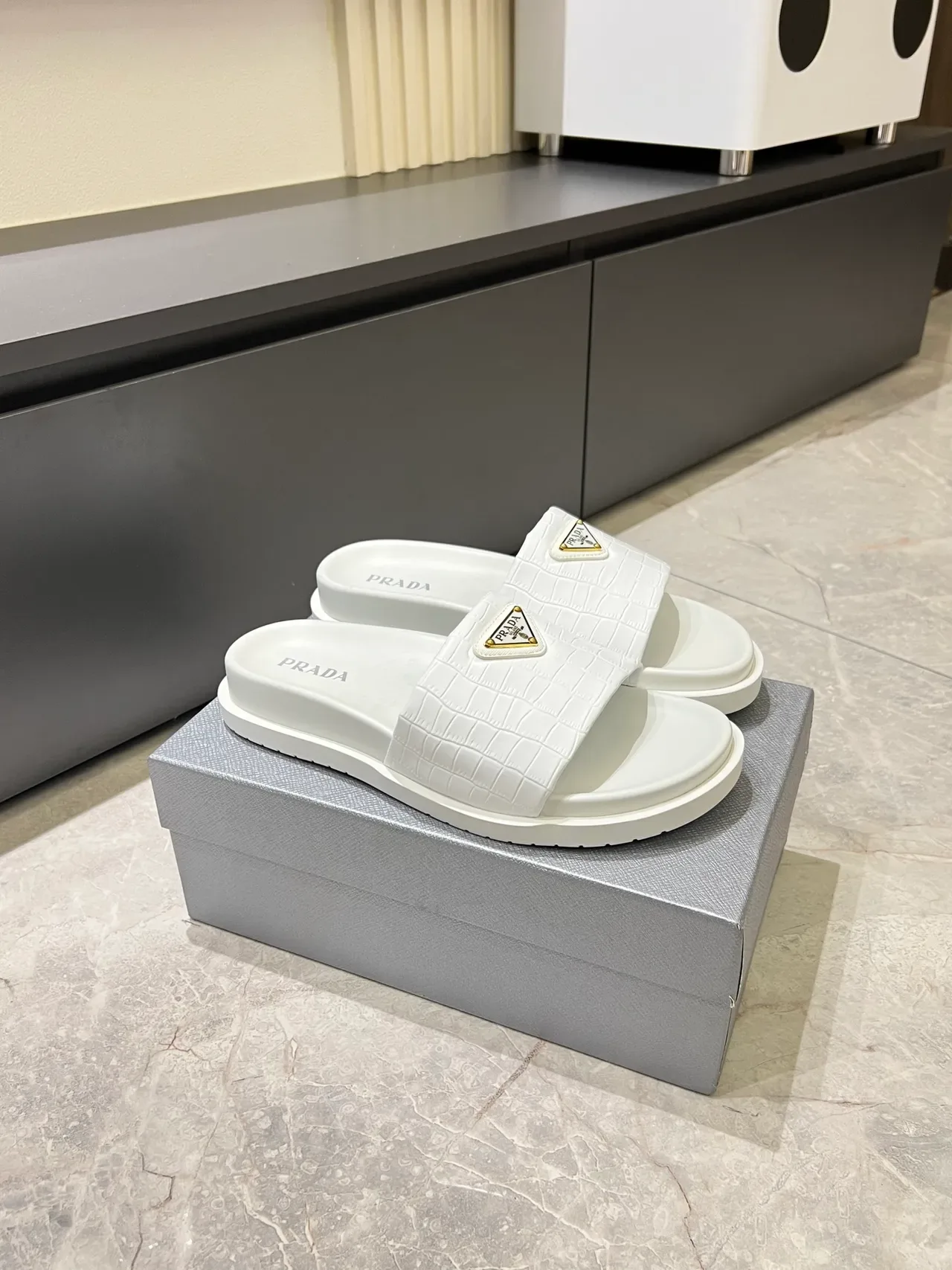 Prada Cloudbust Slide Croc-Embossed Strap Platform Slippers 13