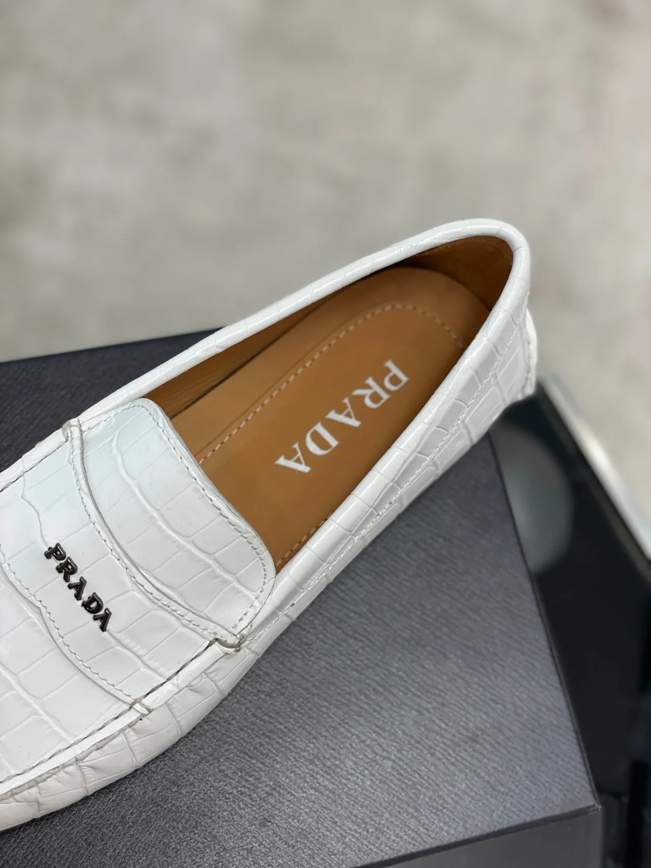 Prada Croc-Embossed White Penny Loafers 2