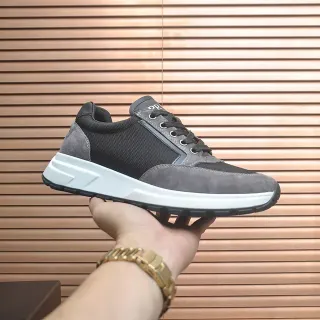 Prada Gray Black Mixed-Material Upper Suede And Mesh Paneling Sneakers