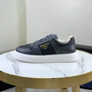 Prada Gray White Low-Top Leather-Mesh Hybrid Upper Lifestyle Sneakers