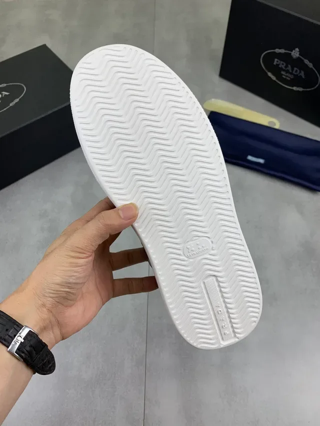 Prada Gray White Low-Top Leather-Mesh Hybrid Upper Lifestyle Sneakers 3
