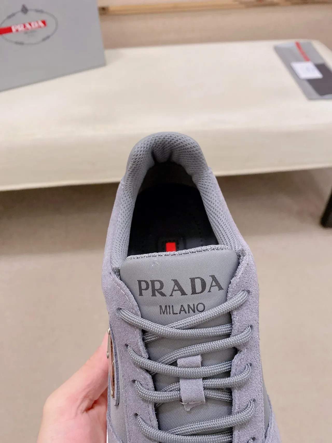 Prada Gray White Low-Top Mixed-Material Upper Chunky Sneakers 4