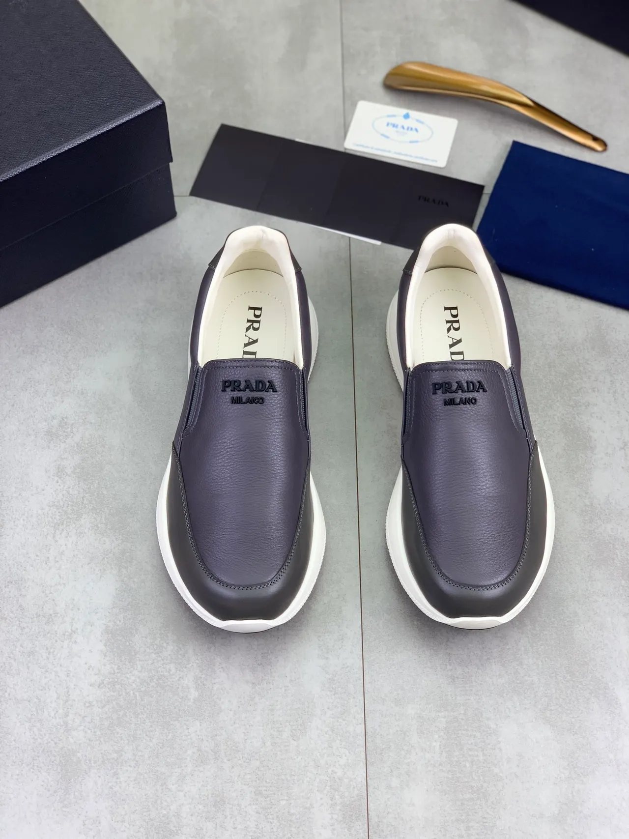 Prada Gray White Slip-On Leather Upper Loafer 4