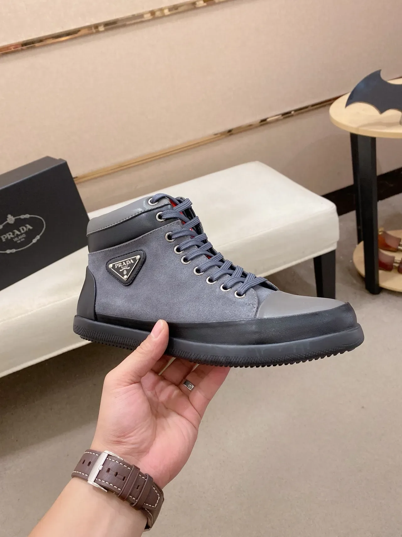 Prada High-Top Two-Tone Gray Suede and Leather Lifestyle Sneakers 4