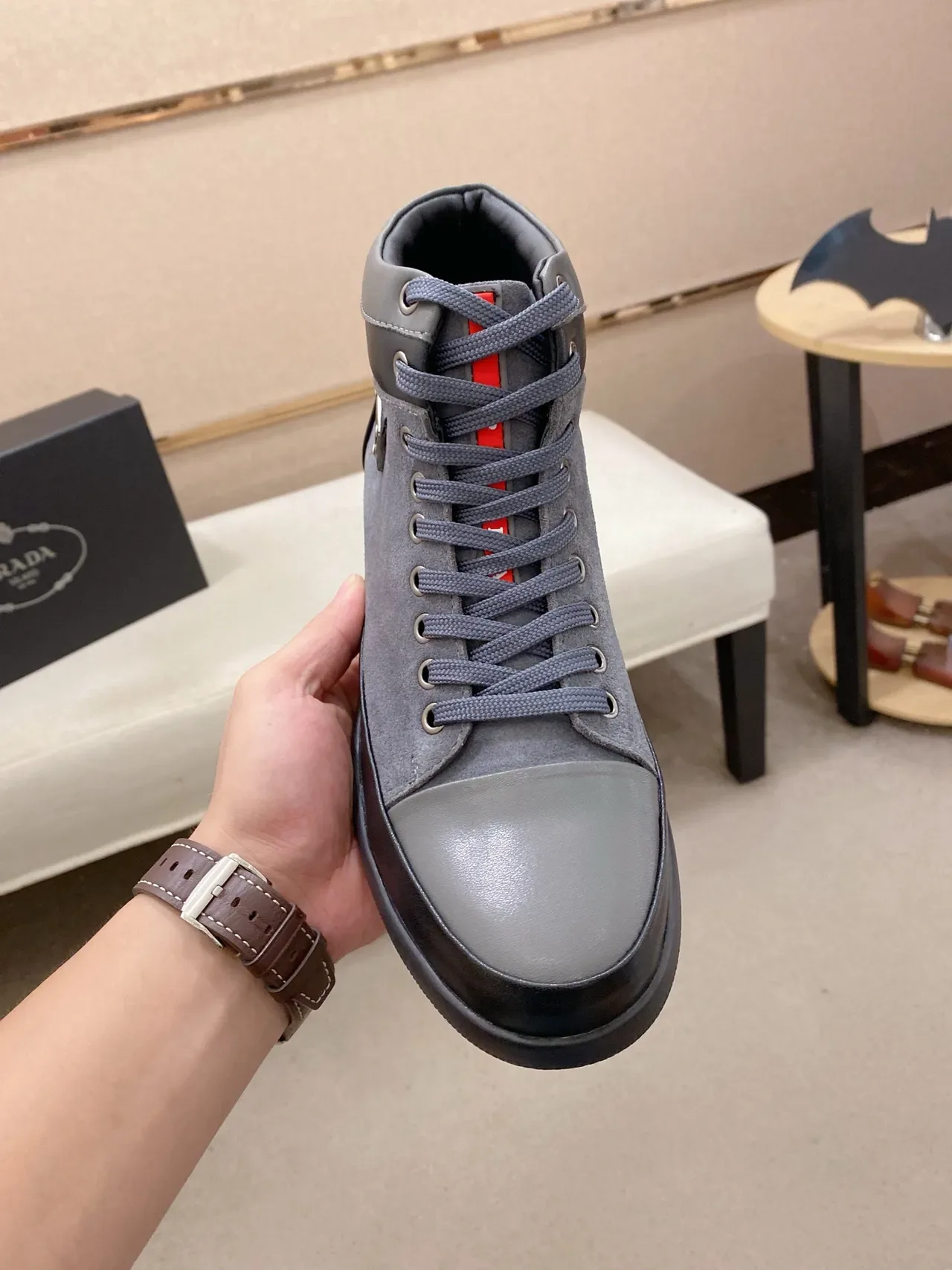 Prada High-Top Two-Tone Gray Suede and Leather Lifestyle Sneakers 5