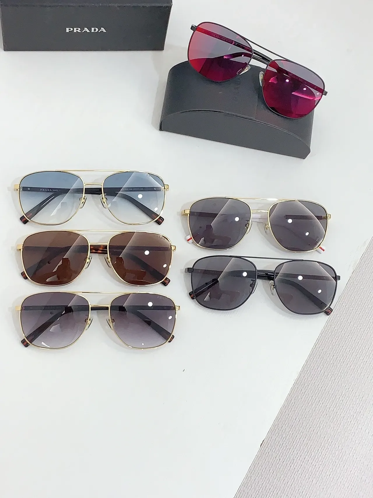 Prada Linea Rossa Óculos de Sol Preto Vermelho Aviador Silhueta Armação de Metal Fino 8