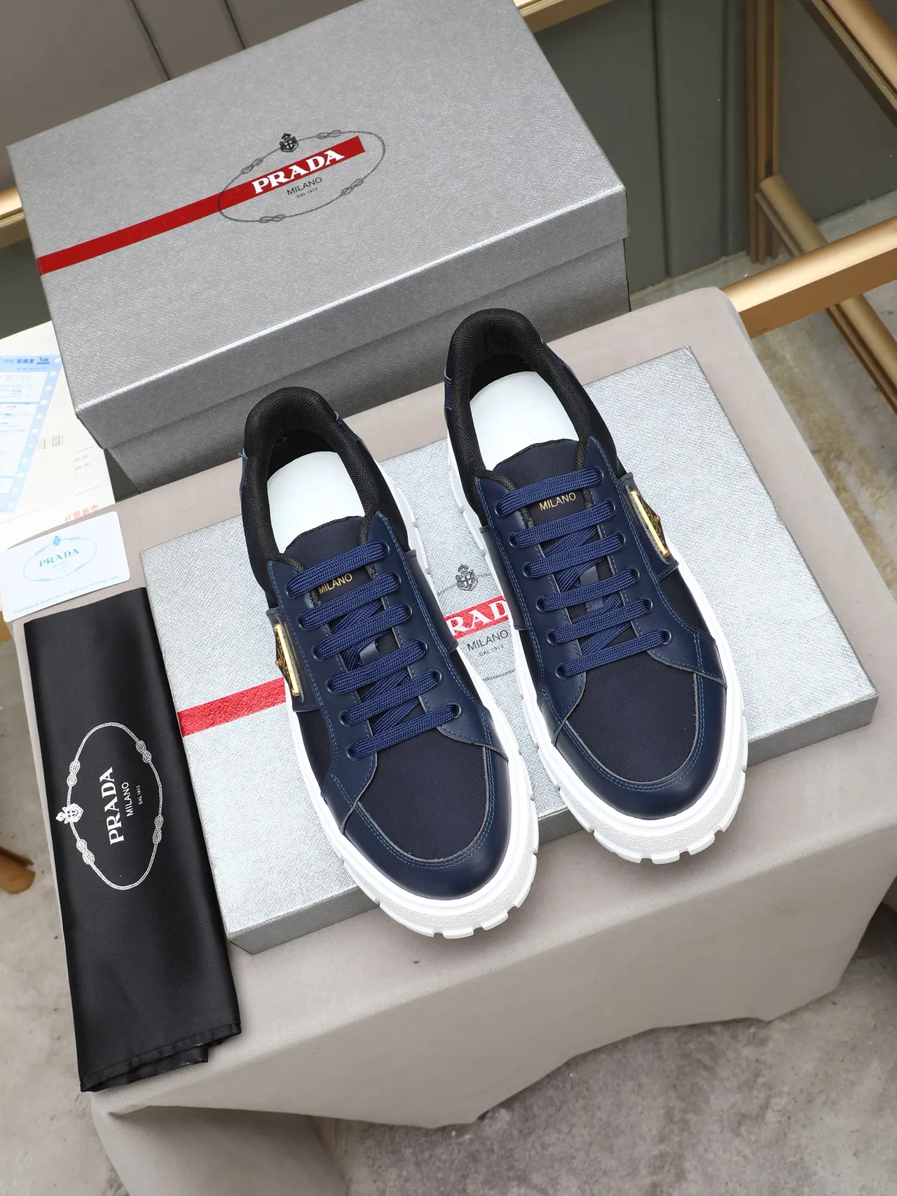 Prada Navy White Blue Hybrid Upper Platform Sole Chunky Sneakers 3