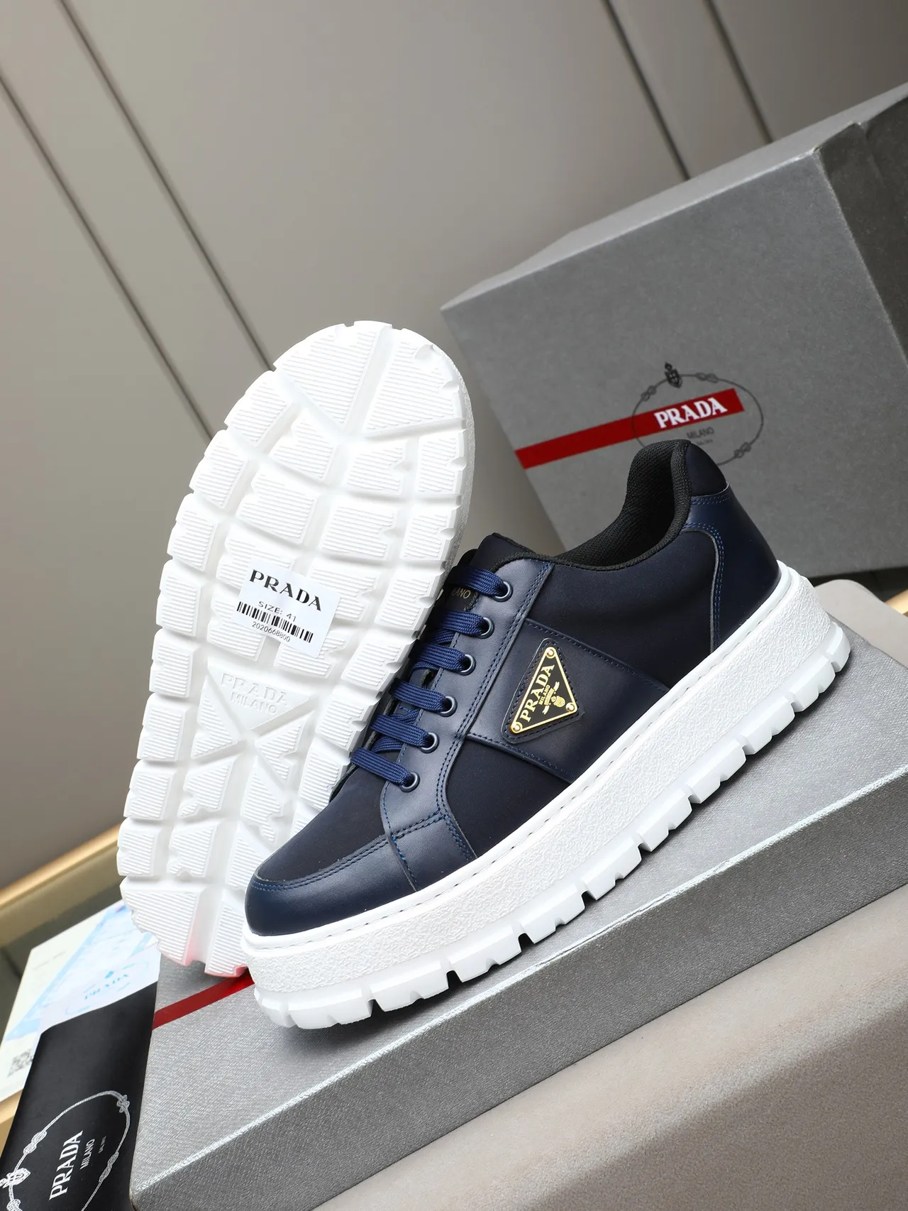 Prada Navy White Blue Hybrid Upper Platform Sole Chunky Sneakers 5