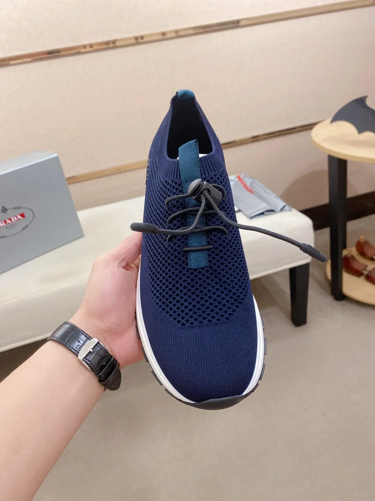 Prada Navy White Knit Upper Integrated Drawstring Lacing Lifestyle Sneakers 2
