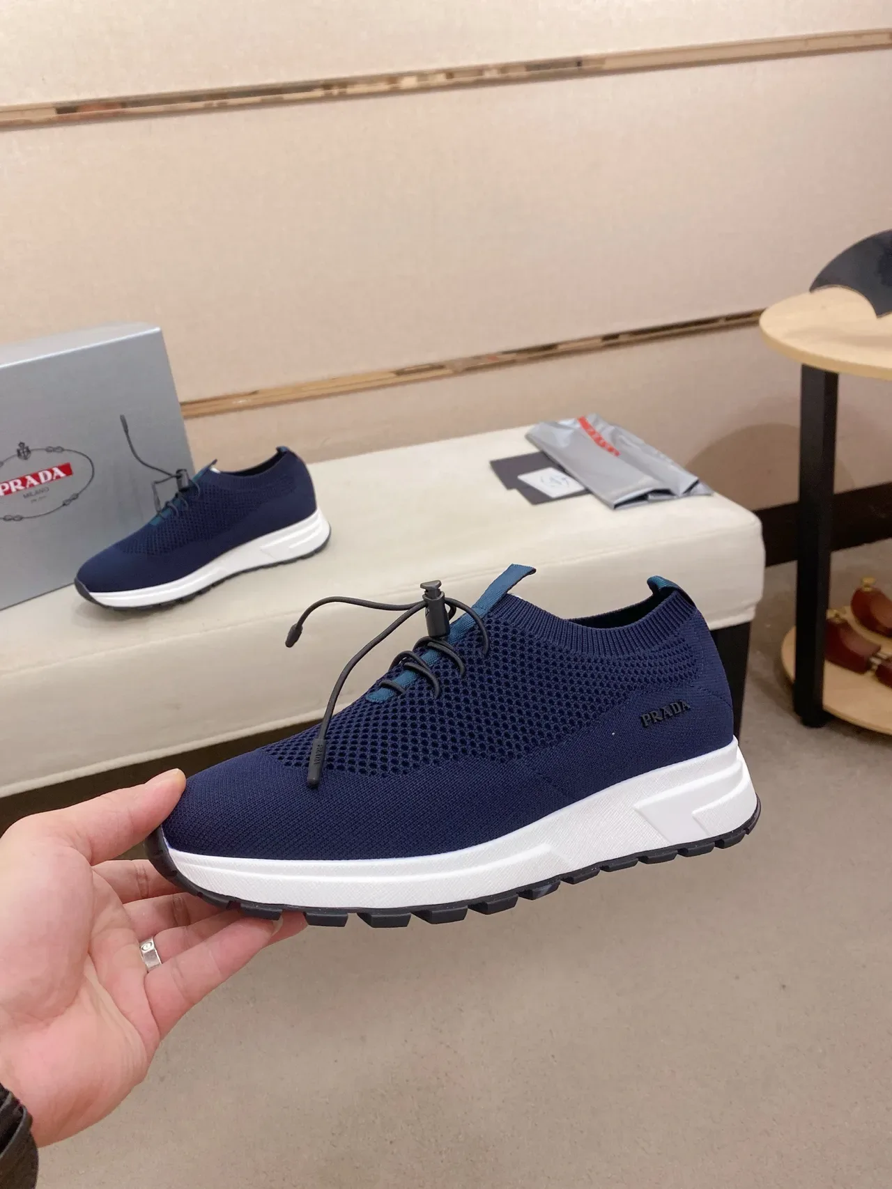 Prada Navy White Knit Upper Integrated Drawstring Lacing Lifestyle Sneakers 3