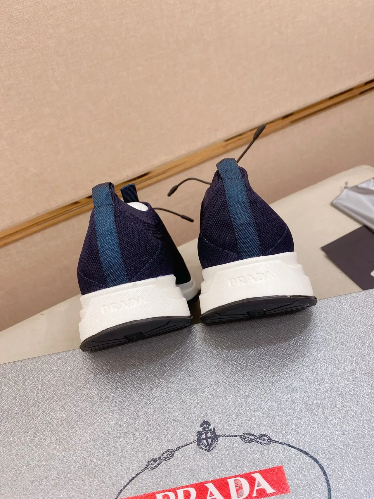 Prada Navy White Knit Upper Integrated Drawstring Lacing Lifestyle Sneakers 8