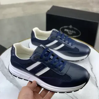 Prada 海军蓝白色 皮革-网面 混合 三条纹 细节 生活方式 运动鞋