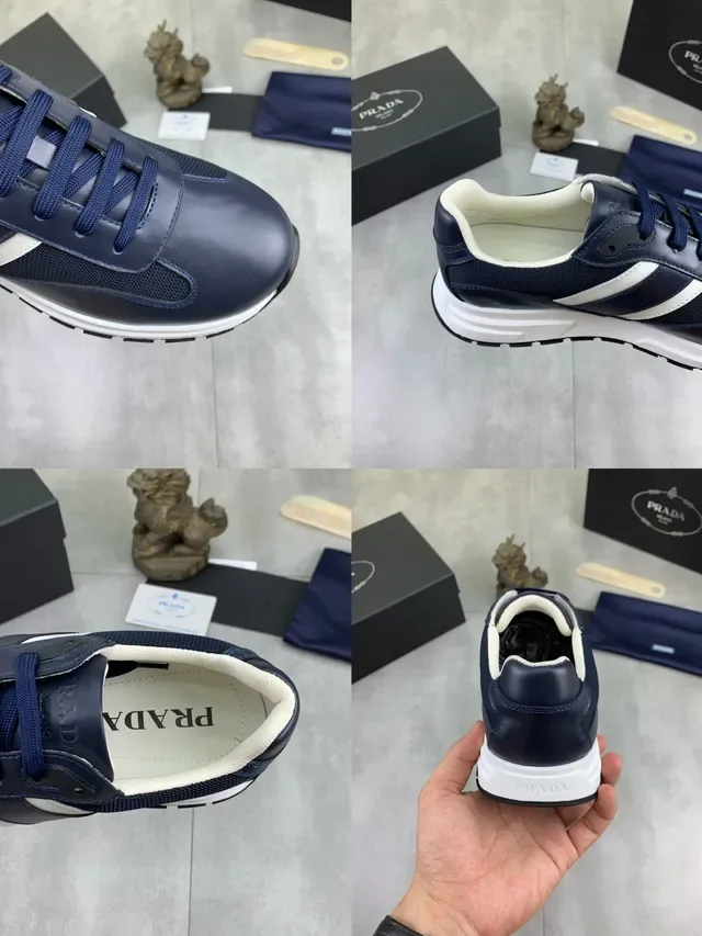 Prada Navy White Leather-Mesh Hybrid Triple-Stripe Detail Lifestyle Sneakers 2