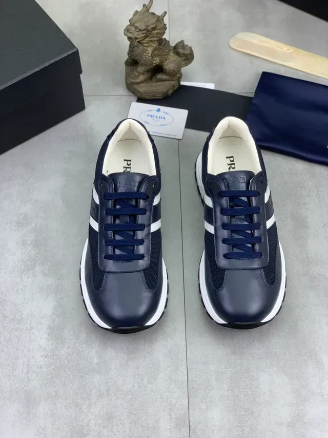 Prada Navy White Leather-Mesh Hybrid Triple-Stripe Detail Lifestyle Sneakers 4