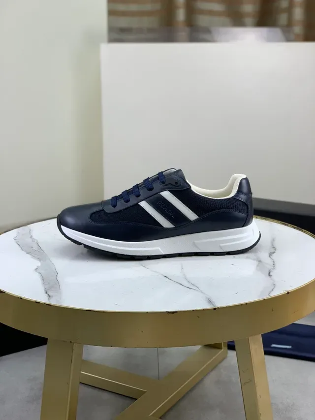 Prada Navy White Leather-Mesh Hybrid Triple-Stripe Detail Lifestyle Sneakers 5