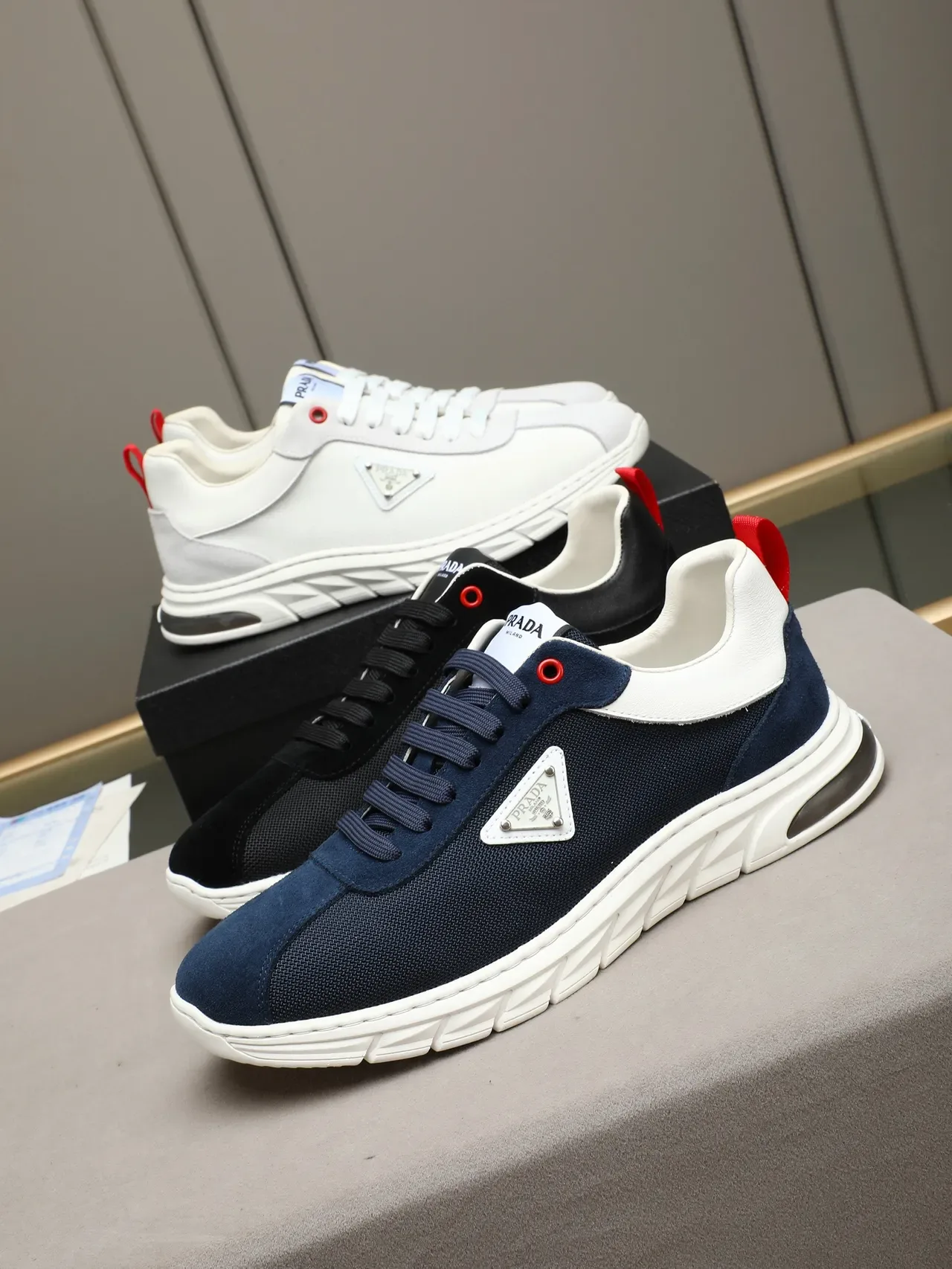 Prada Navy White Mesh And Suede Upper Sculpted Ridged Midsole Lifestyle Sneakers 2