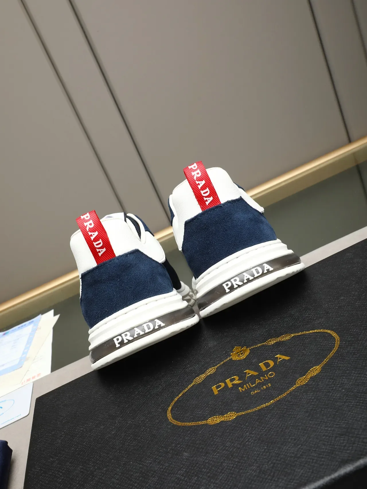 Prada Navy White Mesh And Suede Upper Sculpted Ridged Midsole Lifestyle Sneakers 3