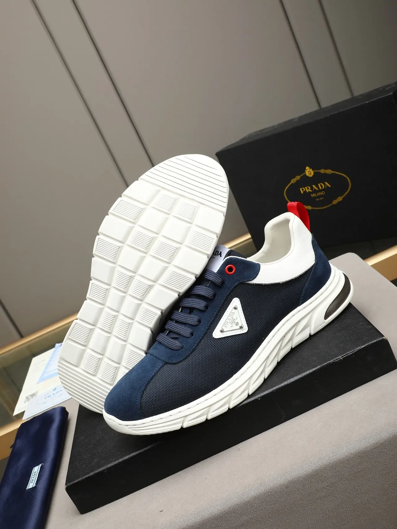 Prada Navy White Mesh And Suede Upper Sculpted Ridged Midsole Lifestyle Sneakers 4