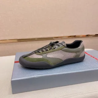 Prada Olive Green and Beige Mesh-Suede Sneaker