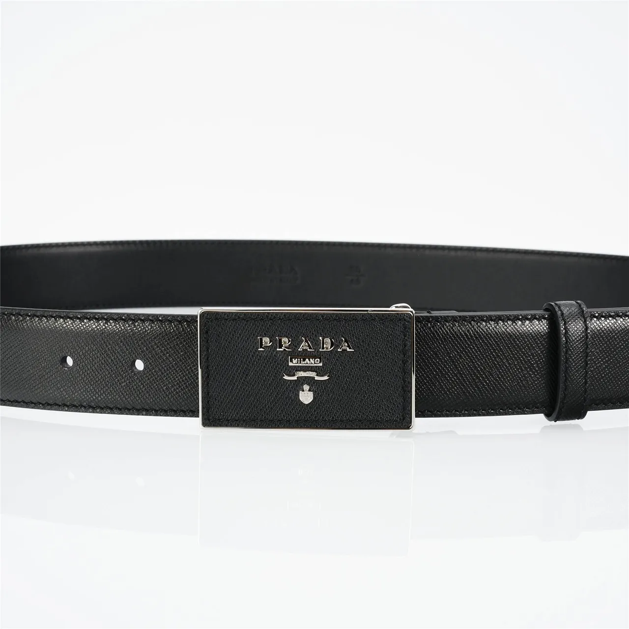 Prada Plaque Buckle Black Saffiano Leather Belt 8