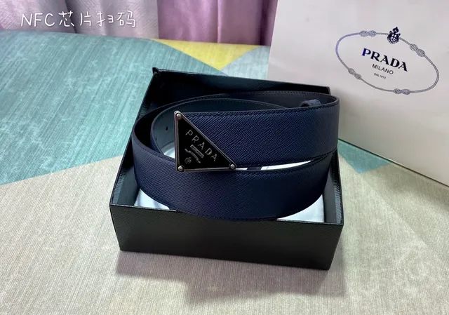 Prada Triangle Belt Navy Blue Saffiano Leather Belt 3