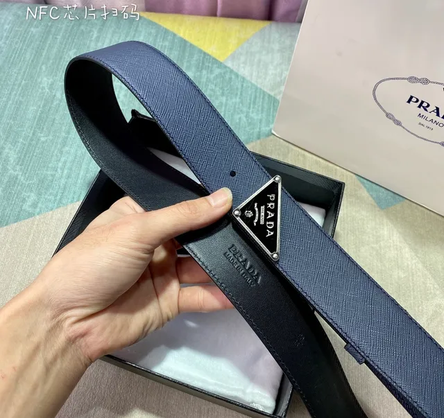 Prada Triangle Belt Navy Blue Saffiano Leather Belt 7