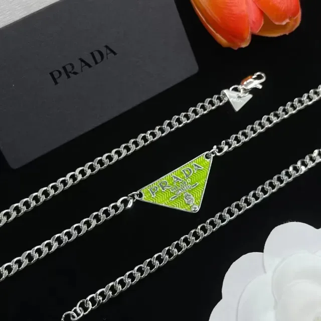 Prada Triangle Logo Enamel Pendant Silver Chain Necklace 3