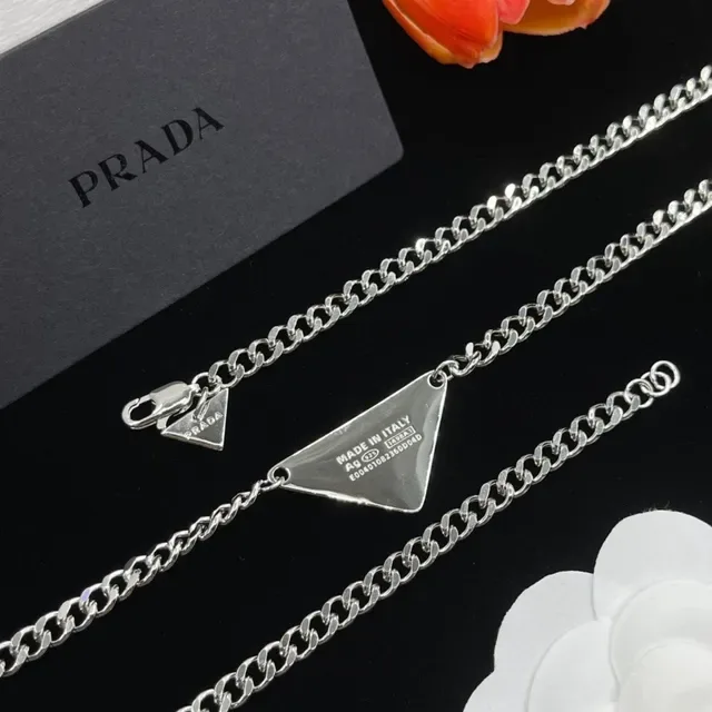 Prada Triangle Logo Red Enamel Silver Curb Chain Necklace 2