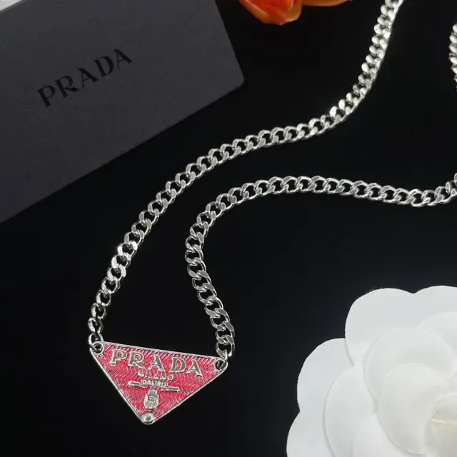 Prada Triangle Logo Red Enamel Silver Curb Chain Necklace 3