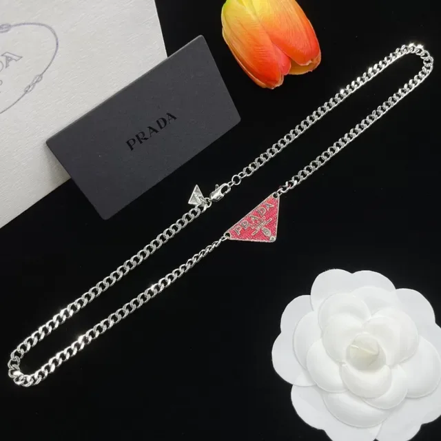 Prada Triangle Logo Red Enamel Silver Curb Chain Necklace 6