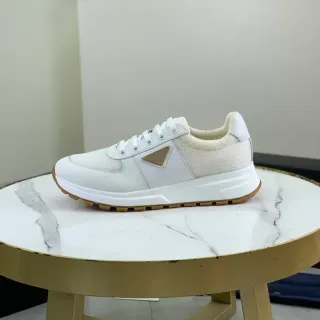 Prada White Beige Mesh And Leather Paneling Sculpted Midsole Lifestyle Sneakers