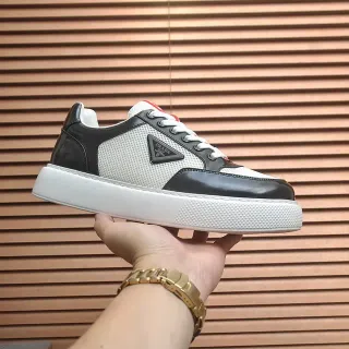 Prada White Black Platform Sole Mesh And Leather Paneling Lifestyle Sneakers