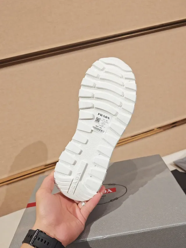 Prada White Gray Mesh And Suede Paneling Triangular Logo Plaque Chunky Sneakers 2